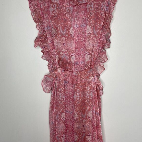 MISA Natasha Dress Womens Large Pink Floral Cut Out Midi Ruffle V-Neck Sheer - Picture 12 of 16